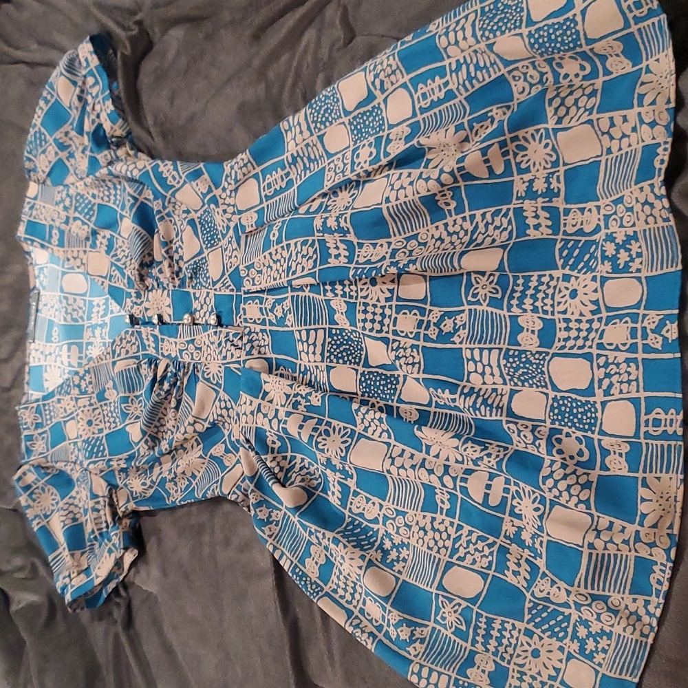 Vintage modcloth blue/taupe dress size medium - Picture 2 of 8